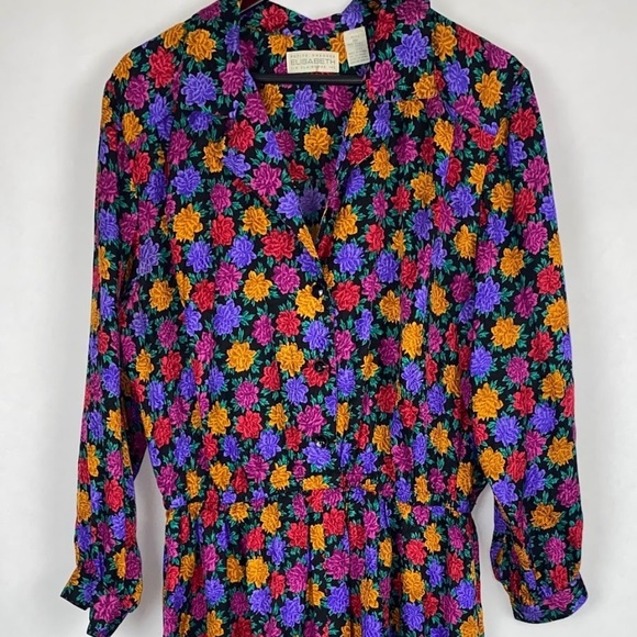 Vintage Elisabeth Liz Claiborne Silk Black Floral Button Down Midi Dress 16P EUC - Picture 1 of 7